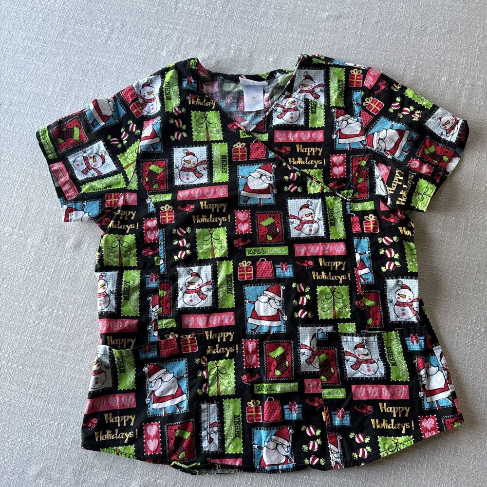Scrubstar Scrub Top 100% Cotton Happy Holidays Santa Snowman Merry Christmas Med